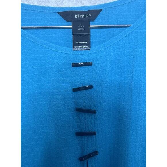 Ali Miles Lagenlook Artsy Blue Asymmetrical Hem Crinkle Tunic Top Sz Large - Picture 2 of 9